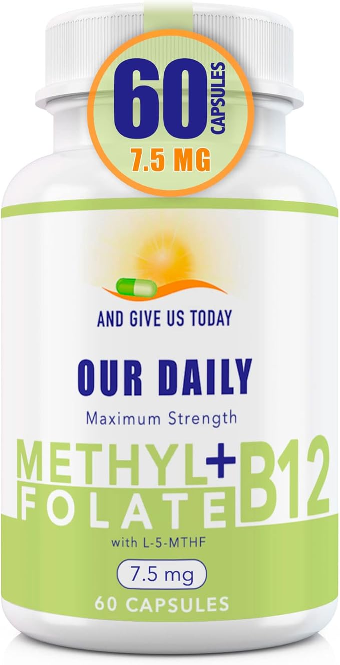 L-Methylfolate 7.5 mg + B 12 (1000 mcg) - 60 Capsules - Methylated & Glycine - Boost Mood, Energy & Memory - Immune Support & VItamin Supplement for Men & Women - Non-GMO, Vegetarian Capsules