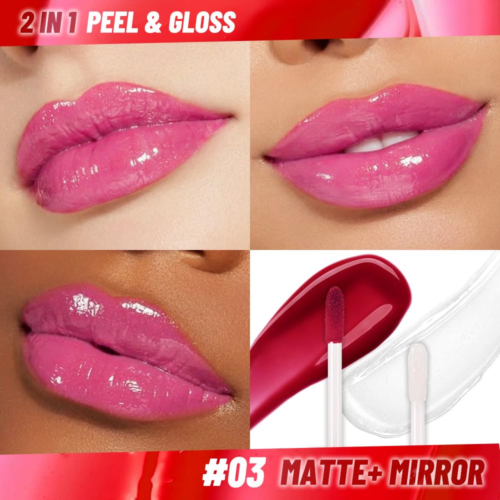 Raspberry Peach Lip Stain Peel Off Lip liner and Lip oil with Tweezer, Dual-Ended Peel Off Lip Stain Tattoo, Highly Pigmented Long Lasting Waterproof, Transfer-proof for All Skin Types, 03#