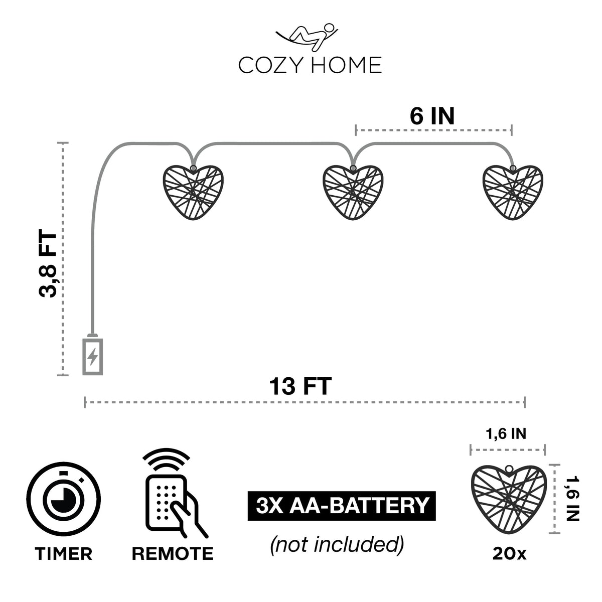 CozyHome – 5,5YD Golden Heart Lights Battery Operated with Remote | Fairy Valentines Garland Lights LED | String Lights Indoor Bedroom Window Mirror and Outdoor | The Valentine's Day Lighted up Decor