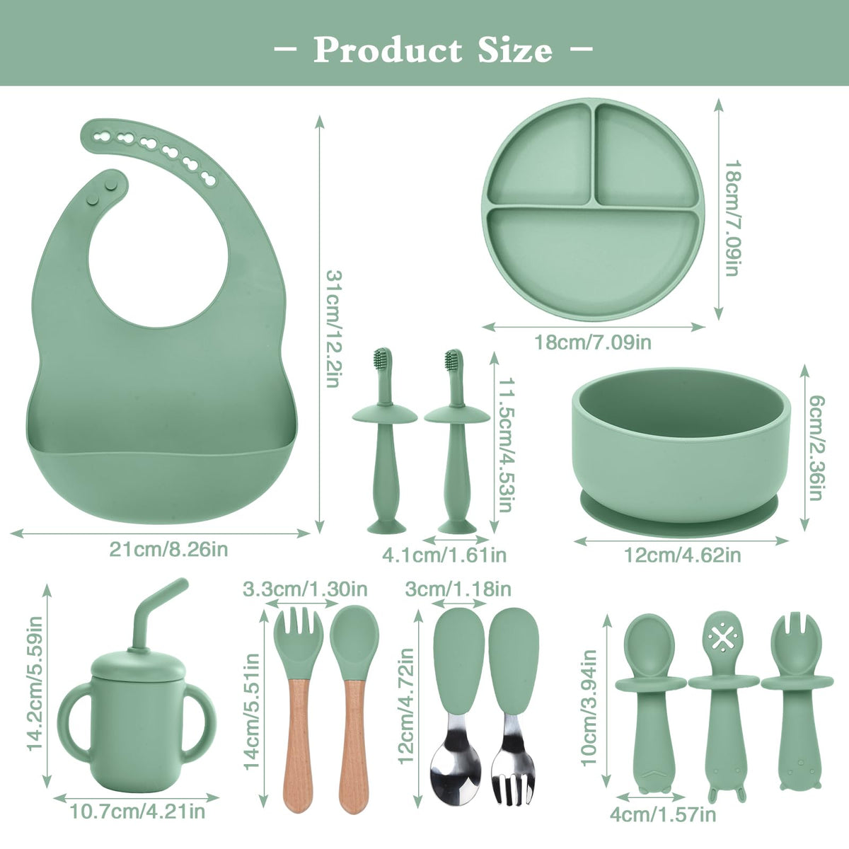 Silicone Baby Feeding Set,13PCS Baby Feeding Essentials with Suction Bowl and Plate,Spoons & Forks,Bib & Cup,Baby Toothbrush,Baby Led Weaning Supplies for 6+ Months,Baby Eating Essentials(Light Green)
