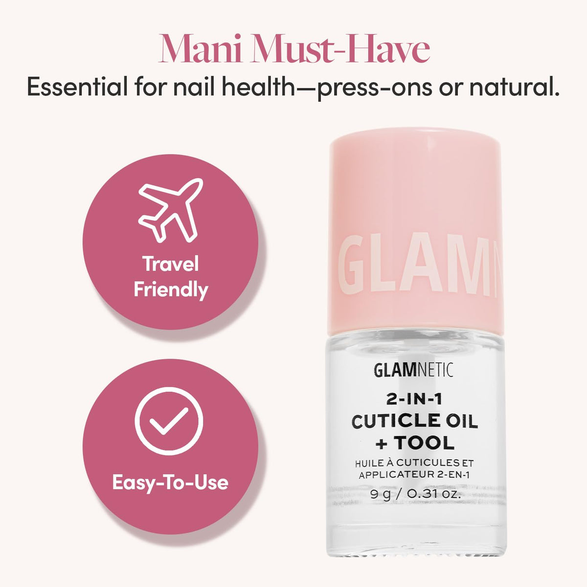 Glamnetic 2-in-1 Cuticle Oil | Nourishing Cuticle Serum & Cuticle Pusher For Healthy Nails | Overnight, Hyaluronic Acid & Botanical Oils - 0.31 Oz