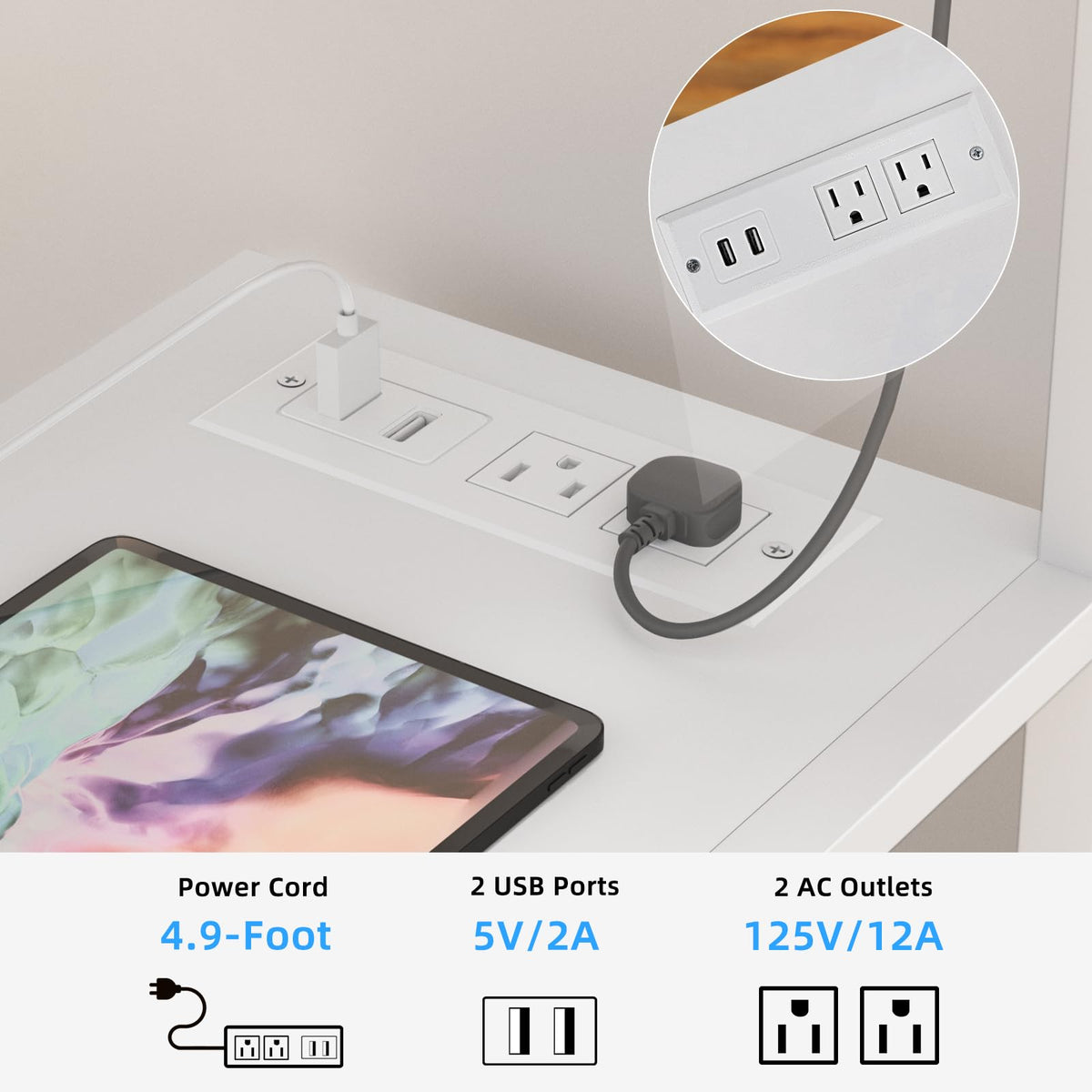Lerliuo Printer Stand with Charging Station and USB Ports, Large 3-Tier Mobile Printer Table with Storage Shelf, White Rolling Industrial Printer Cart with Lockable Wheels for Home Office