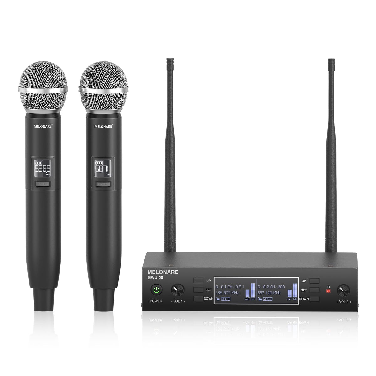 Dual Channel Wireless Microphone System, MELONARE Auto-Scan Professional Cordless Dynamic Mic Set, 260ft Range, 2x100 UHF Metal Wireless Mic for Singing, Karaoke, Church, Wedding, DJ (MWU-20-2H)
