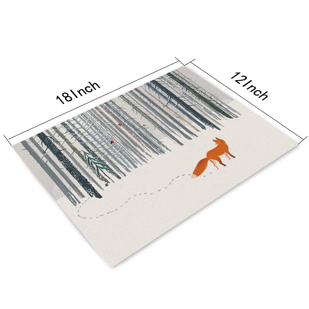 Fox Placemats Set of 4, Winter Forest Landscape Fox Bird Placemats Heat Resistant for Dining Table Non-Slip 18x12 Inches
