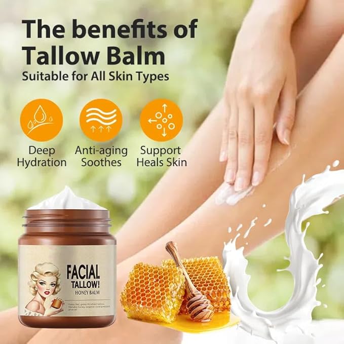 Beef Tallow for Skin, Grass Fed Beef Tallow Honey Balm Natural Organic Beef Tallow for Face Deeply Moisturizer For Body & Dry Skin（3.71Oz）