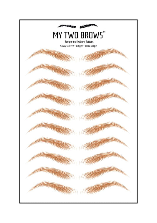 (10 pairs) Ginger Temporary Eyebrow Tattoo - Extra Large Size - Waterproof & Smudgeproof - Sassy Swerve Style Eyebrow Stickers - Sheet Lasts up to 30 Days - Won't Work on Existing Brows