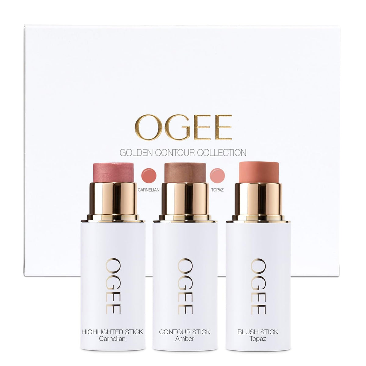 Ogee Face Stick Trio - Golden Contour Stick Makeup Collection - Certified Organic Bronzer, Blush Stick, and Highlighter Stick for a Flawless Look