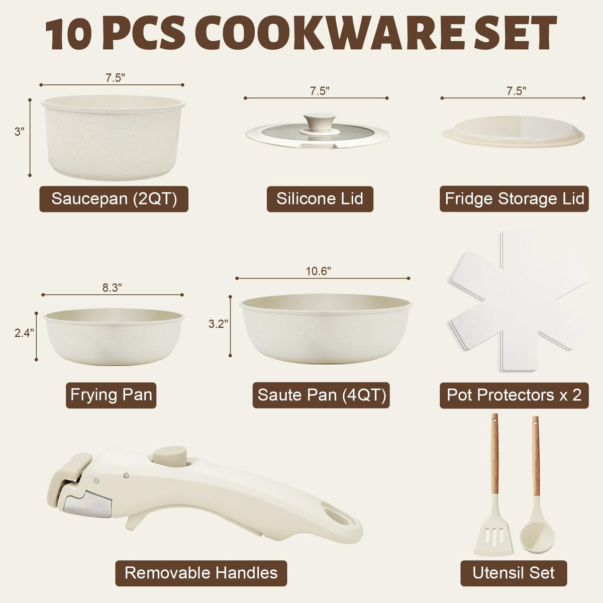 Numola 10 pcs Pots and Pan Set Non Stick with Detachable Handle, Ceramic Cookware Set for Stackable, Induction Kitchen Cookware Set for RV, Dishwasher ＆ Oven Safe, Cream White