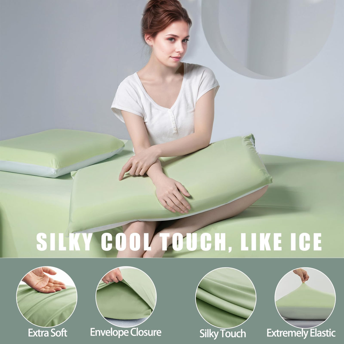 TELUS Cooling Pillowcases Standard Size 2-Pack, Silky Soft Breathable Pillow Case with Envelope Close, Stay Cool Pillow Cover for Hot Sleepers and Night Sweats, 20x26 Inch, Green