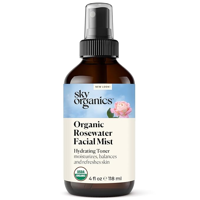 Sky Organics Organic Rosewater Facial Mist for Face, 100% Pure & Steam-Distilled USDA Certified to Hydrate, Balance & Refresh, 4 fl. Oz
