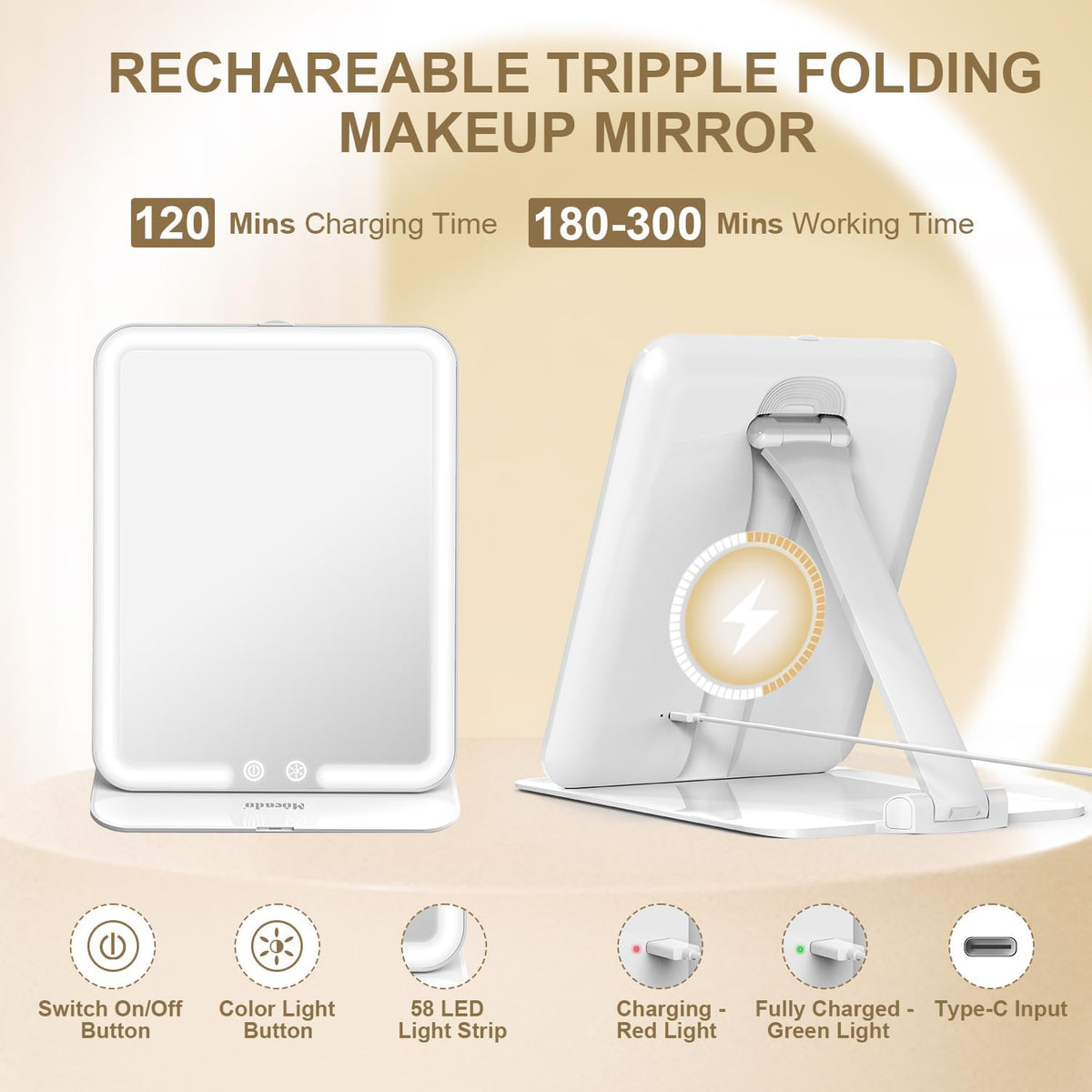 Mocado Travel Makeup Mirror with Light - 7x5 Inches Tripple Folding Travel Mirror with Light, 3 Colors Lighted Makeup Mirror, Portable Makeup Mirror, Freely Adjust Height and Angle(White)