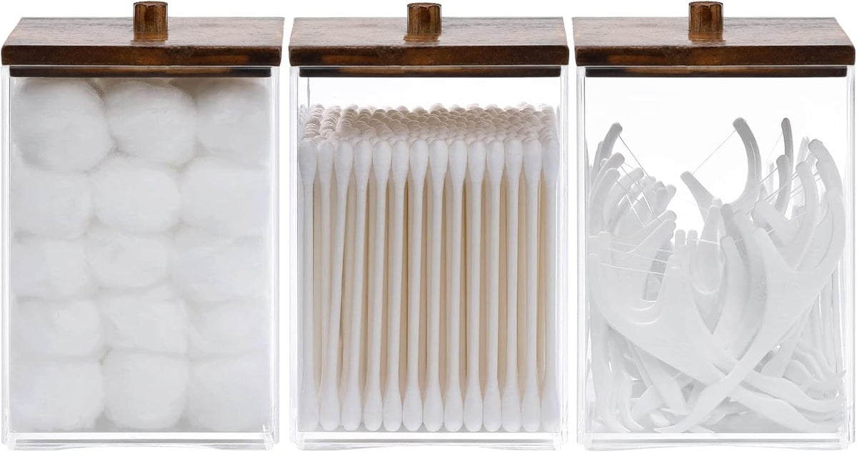 Tbestmax 3 Pack Qtip Holder - 12 oz Bathroom Organizer and Storage Containers, Plastic Square Apothecary Jars with Black Bamboo Lids for Cotton Ball, Cotton Swab, Floss