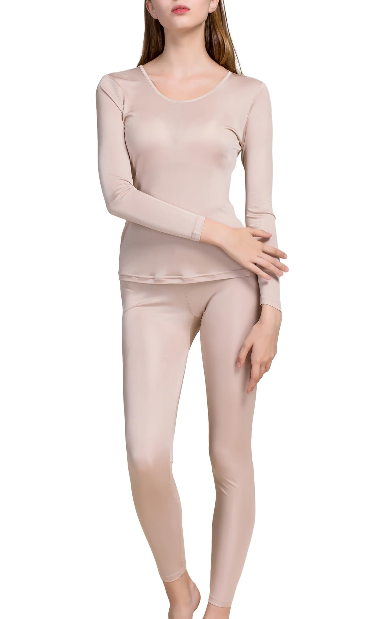 Grenasasilk Womens Silk Long Underwear Mulberry Silk Long Johns Silk Thermal Underwear Sets Cold Weather Base Layer (XL, Beige)