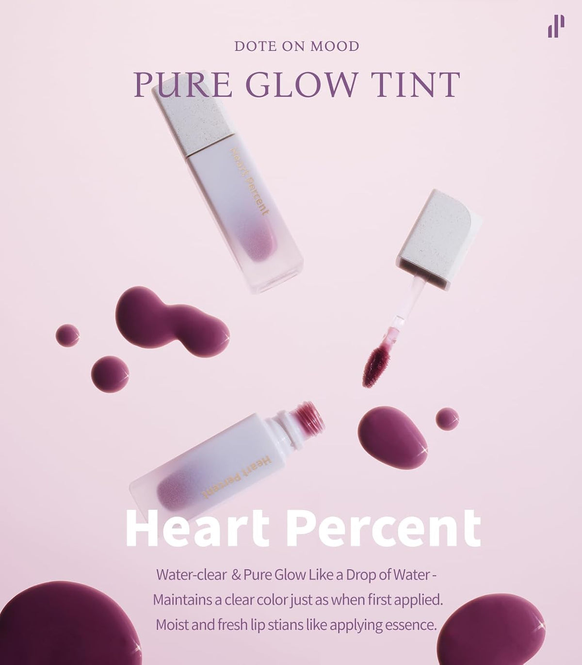 Heart Percent Dote On Mood Pure Glow Tint, Watery & Lightweight Moisturizing Lip Stain Long Lasting Liquid Lipstick 6.8g, #13. Bare Lips