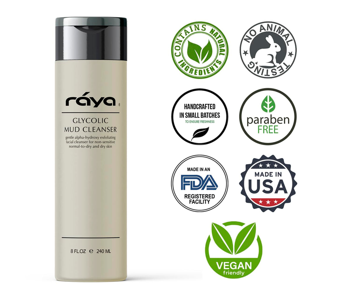 Raya Glycolic Mud Facial Cleanser with AHA 8 oz (G-103) | Exfoliating pH Balanced Facial Cleansing Fluid for Non Sensitive, Dry and Combination Skin | Made with Alpha Hydroxy Acid and Volcanic Mud