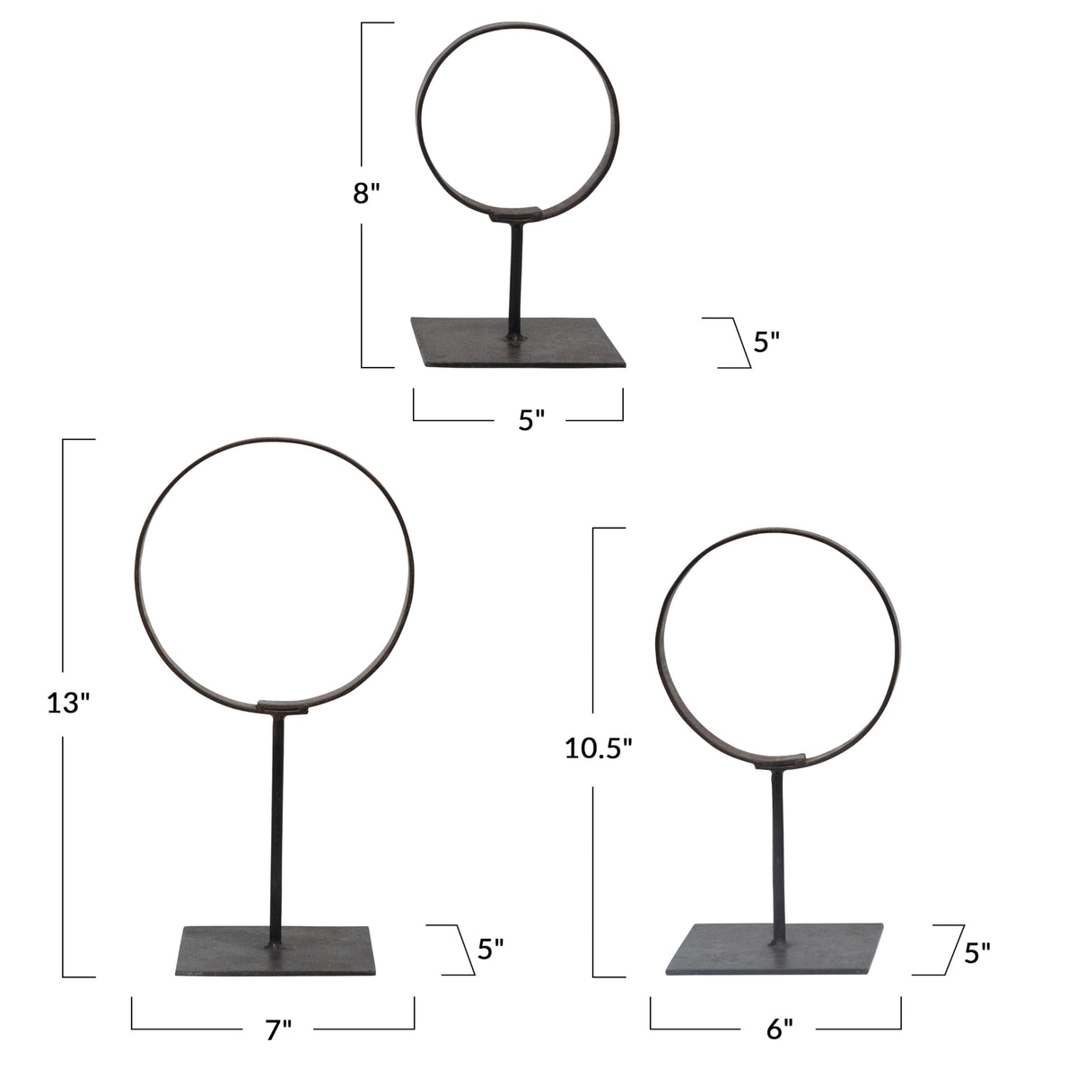 Creative Co-Op Decorative Modern Found Metal Rings on Stands, Black, Set of 3