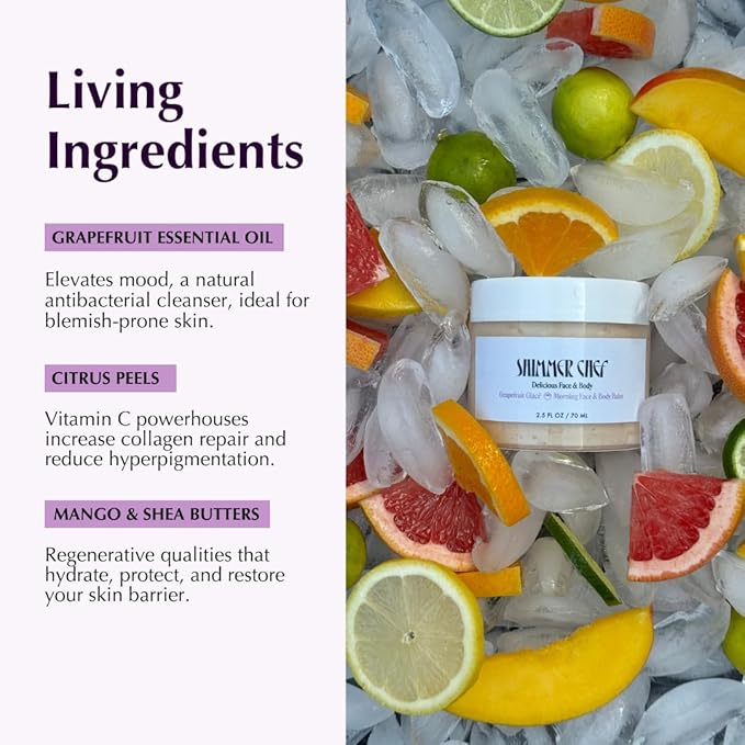 SHIMMER CHEF Grapefruit Glacé Morning Face & Body Balm Organic Skincare with Grapefruit Peel Concentrate Aloe Shea and Mango Butters Hydrates Protects Radiant Shimmery Skin Mood Uplift 2.5 oz