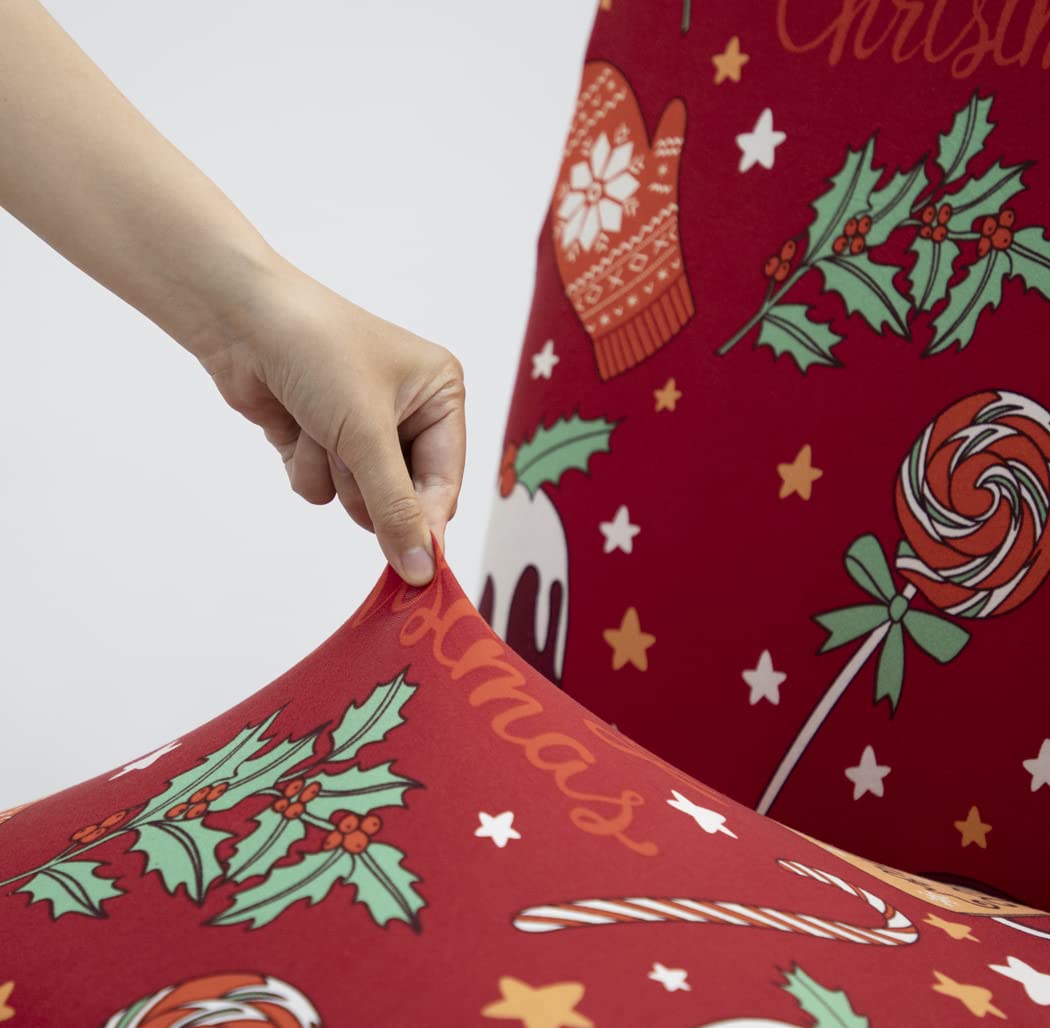 Christmas Dining Chair Covers, Xmas Stretch Chair Protector Slipcovers, Printed candy cane,candy,cake,eggnog,evergreen bough,stars,mitten,Poinsettia Spandex Chair Cover Set of 4 (Christmas-06)
