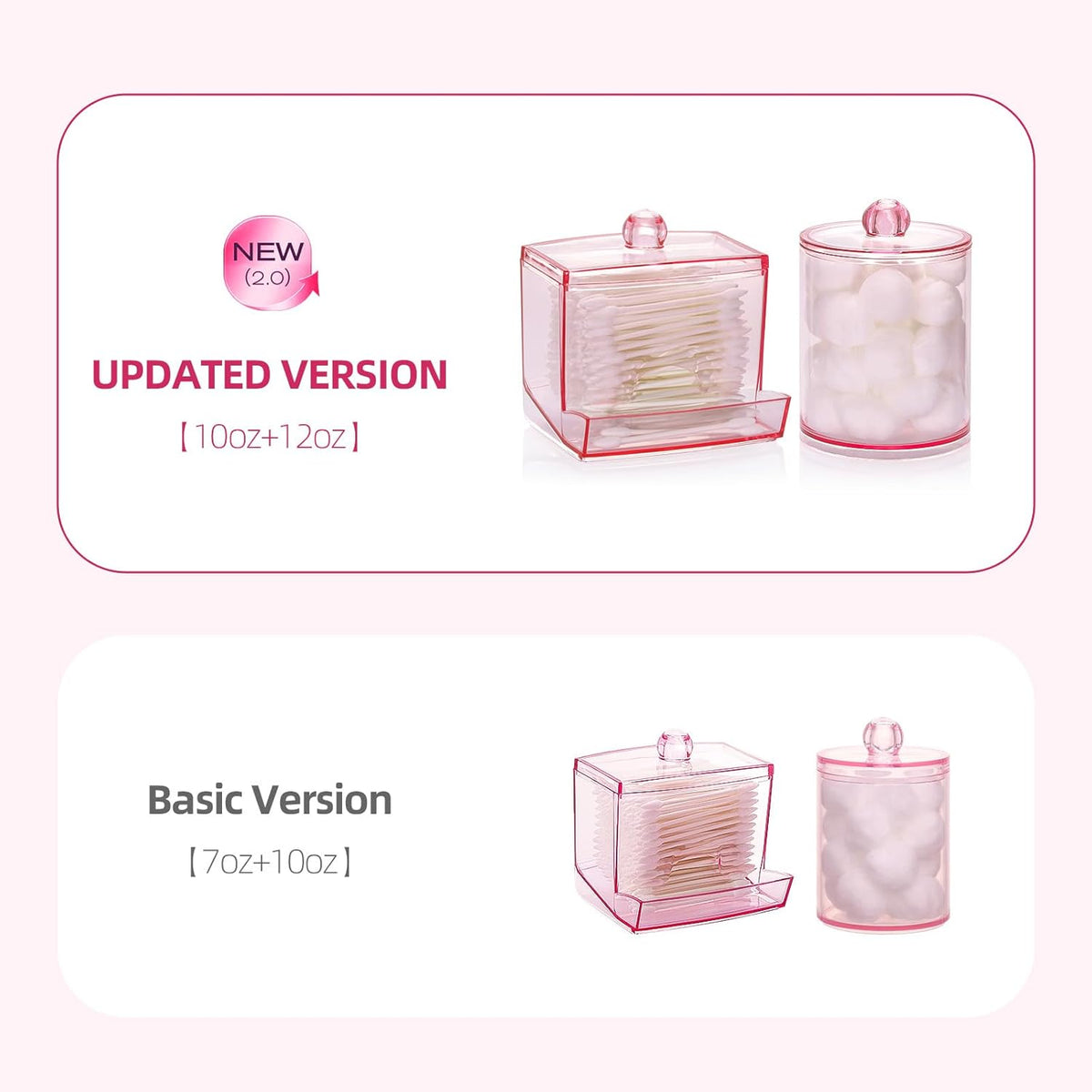 Tbestmax Qtips Dispenser, 10/12 oz Big Cotton Ball Holder Bathroom Container,Plastic Apothecary Jar Organizer for Storage Cotton Swab, Cotton Round Pads, Floss Picks - Pink