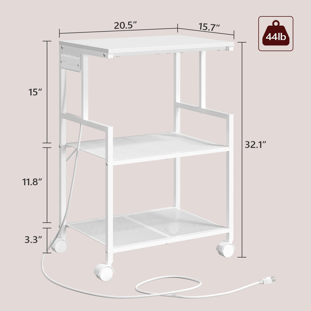 MAHANCRIS Mobile Printer Stand, 3-Tier Industrial Printer Cart with 2 AC Outlets and 2 USB Ports, Rolling Printer Table on Wheels for Home Offices Kitchen Organization Rack, White PTWT78E01