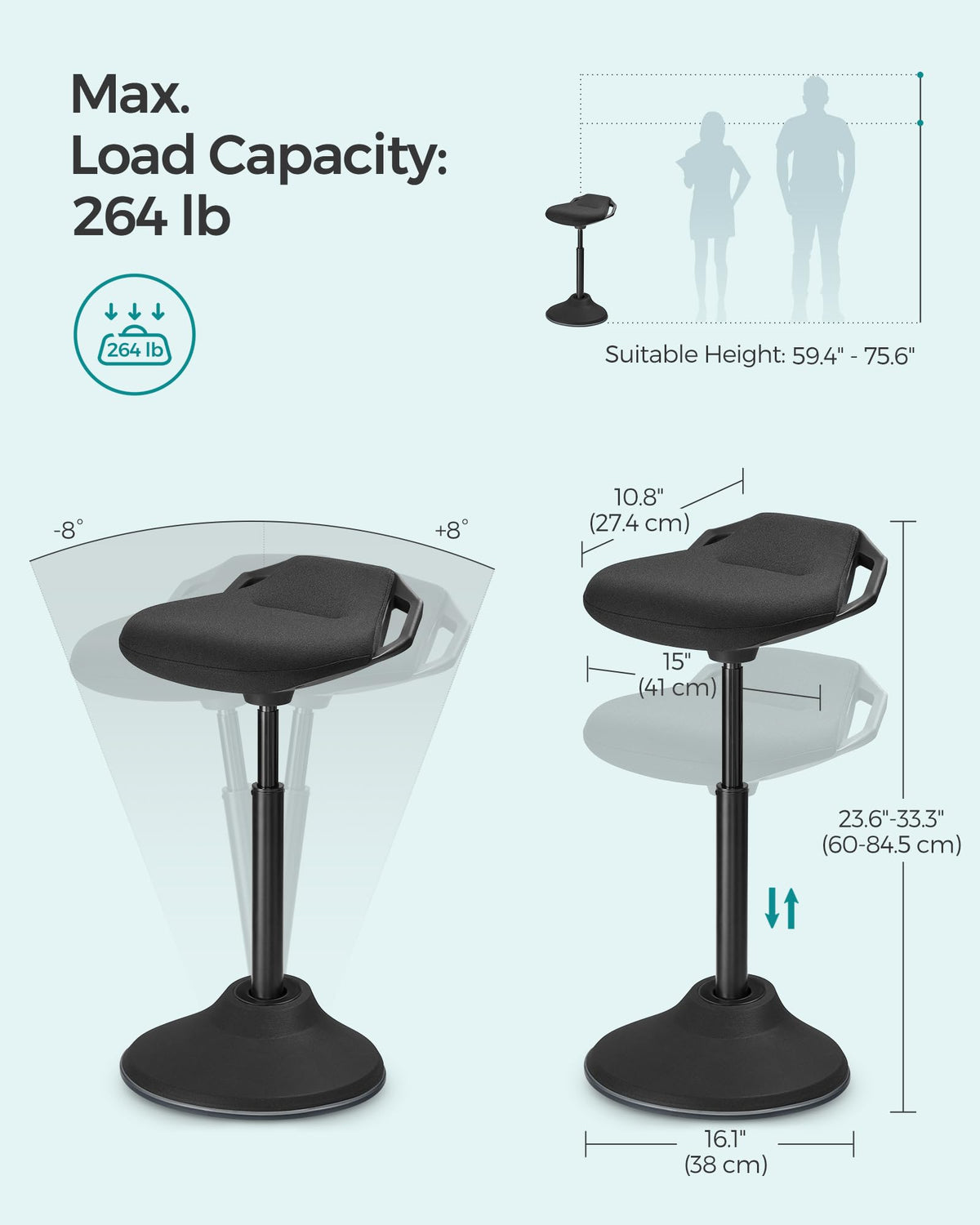 SONGMICS Standing Desk Chair, Adjustable Ergonomic Wobble Stool, 23.6-33.3 Inches Drafting Chair, Swivel Sitting Balance Stool, Fabric Upholstery, Anti-Slip Bottom Pad, Ink Black UOSC02BK