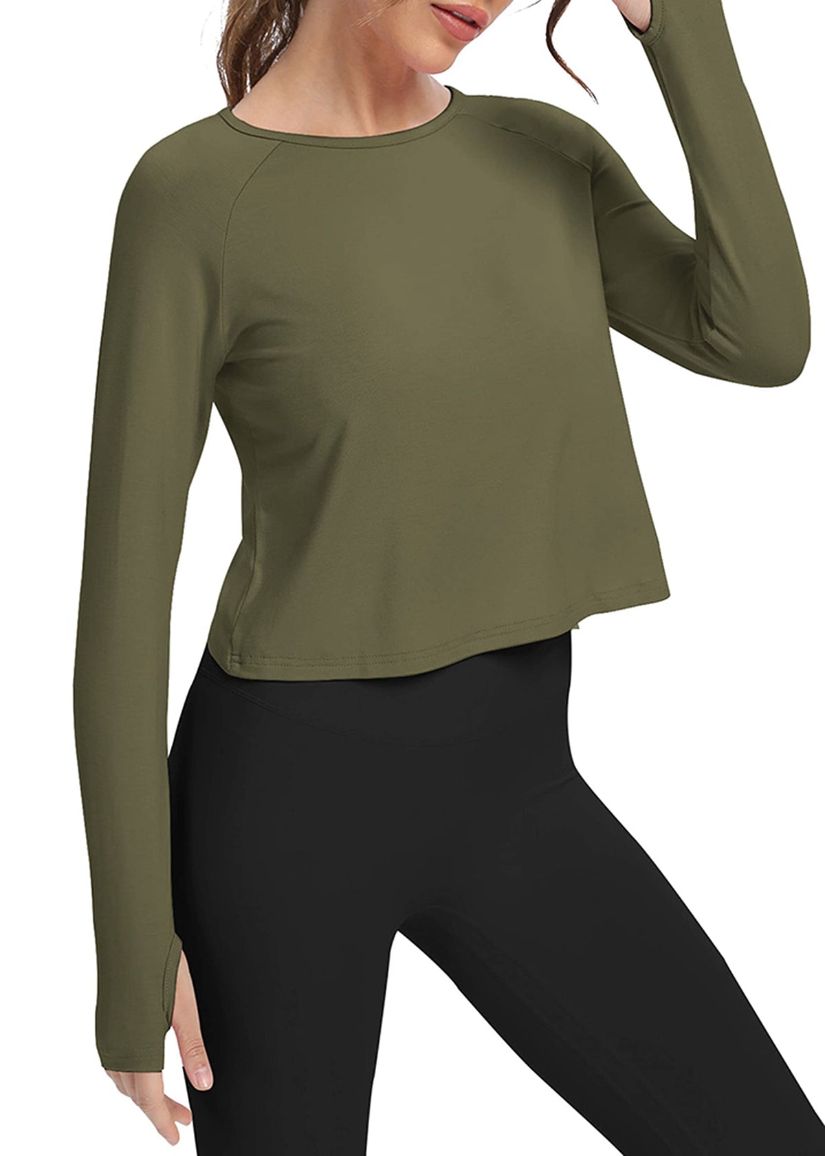 Bestisun Long Sleeve Workout Dance Clothes Split Back Gym Tennis Sports Training Wear Fitness Crop Tops Army Green M