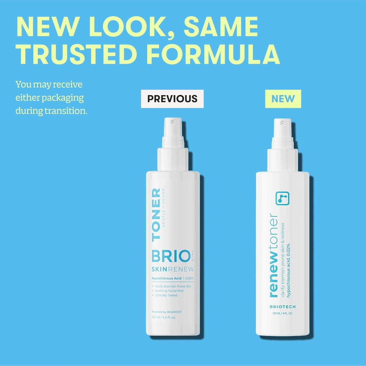 BRIOTECH Renew Toner, Hypochlorous Acid Spray, Minimize Appearance of Blemishes, Soothing Facial Mist for Sensitive Skin, Calm Redness & Bumps, Vegan, 4 fl oz (2 Pack)