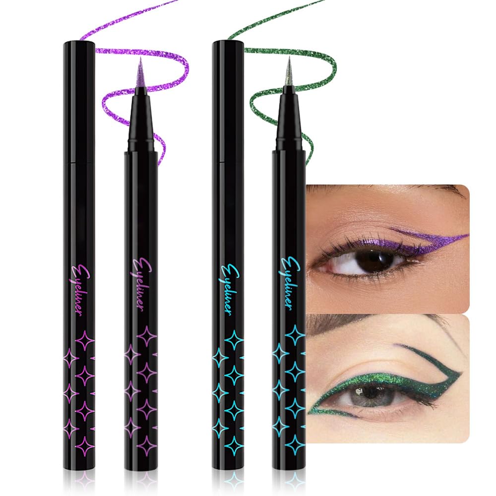 2PCS Metallic Glitter Coloured Liquid Eyeliner Pens Set03 – Waterproof Mark Emerald or Purple Long-Lasting Sparkly Eye Makeup – Tattoo-Effect Ink Liners for Women & Men, Delineador Líquido con Brillo