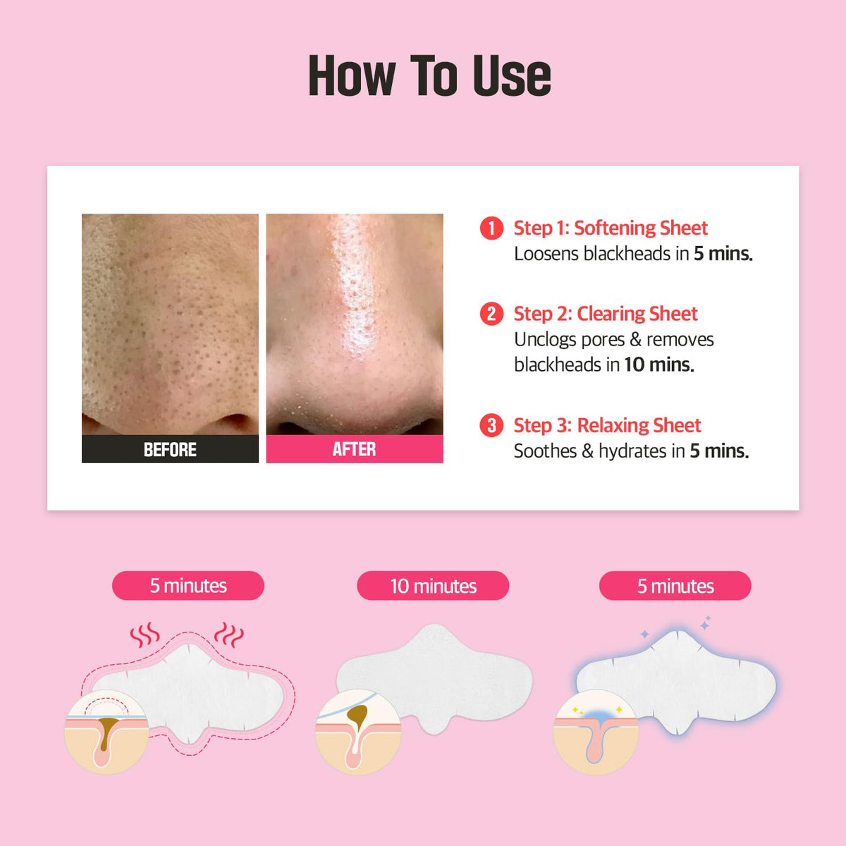 3-Step Blackhead Remover Nose Strips | Korean Skincare | Instant Blackhead & Clogged Pore Removal | Deep Cleansing, Sebum Control & Pore Tightening with Hydrolyzed Collagen | (3 Count)