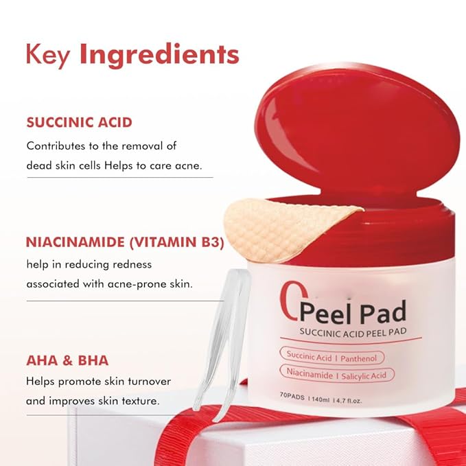 Succinic Acid Peel Pads 2.0, Dual-Textured Facial Toner Pads with AHA/BHA,Gentle Exfoliating Toner 𝐏ad- 70 Count (Red)