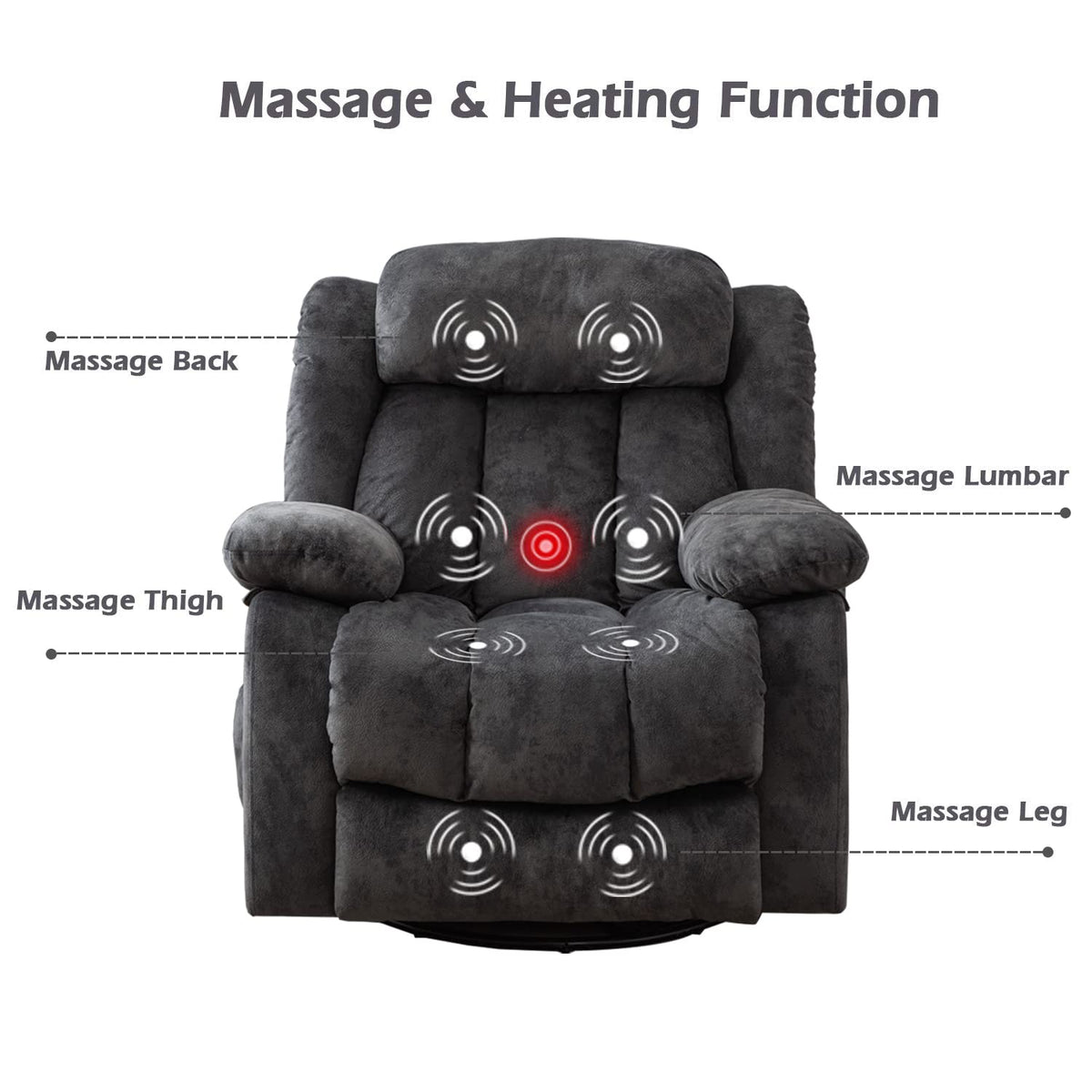 CANMOV Massage Swivel Rocker Recliner Chair with Heat and Vibration, 360 Degree Swivel Manual Recliners Antiskid Fabric Single Sofa Heavy Duty Reclining Chair for Living Room, Grey