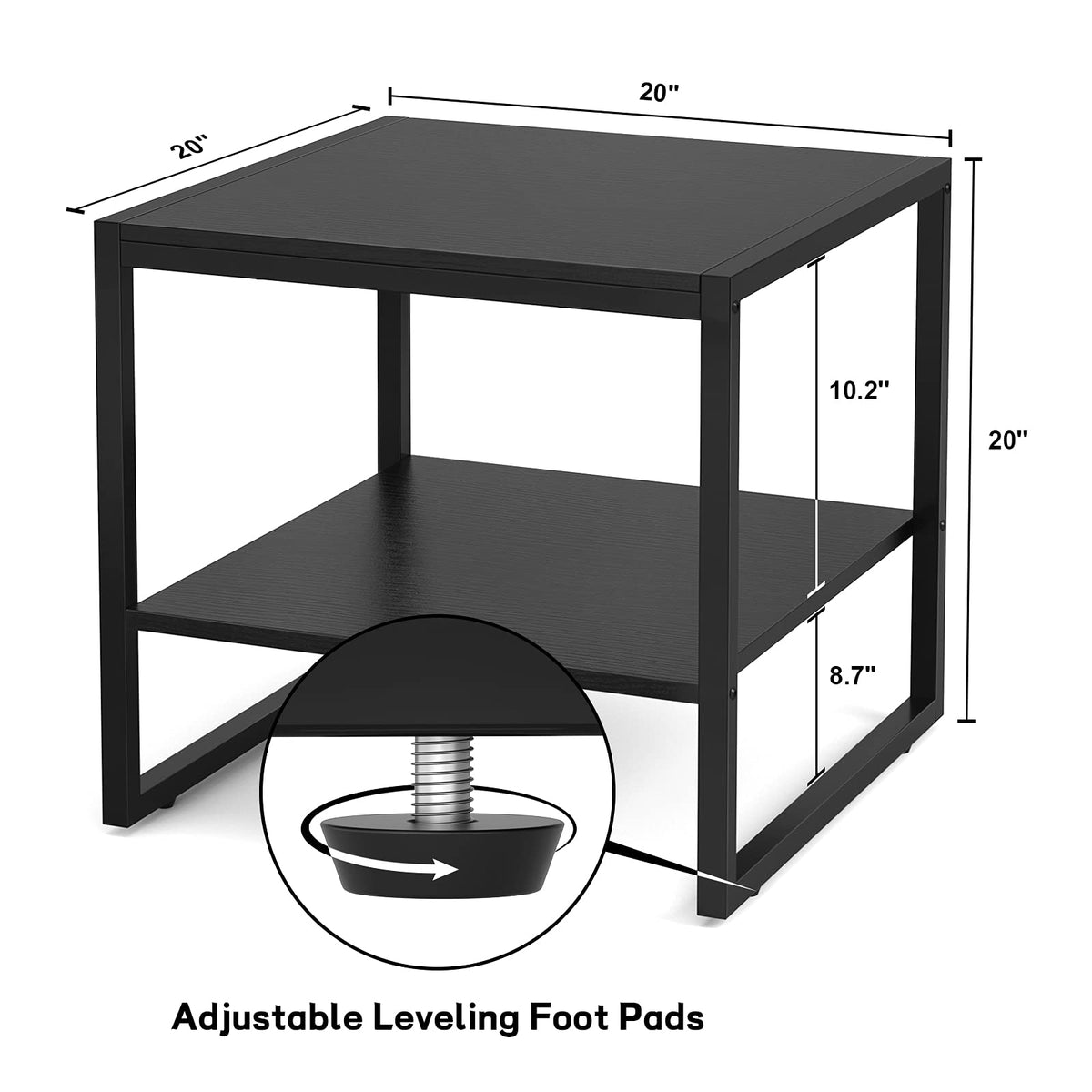 Homieasy End Table, 20 Inch Square End Table, Mini Fridge Stand with 2-Tier Storage Shelves, Industrial Wood Side Tables for Living Room, Black