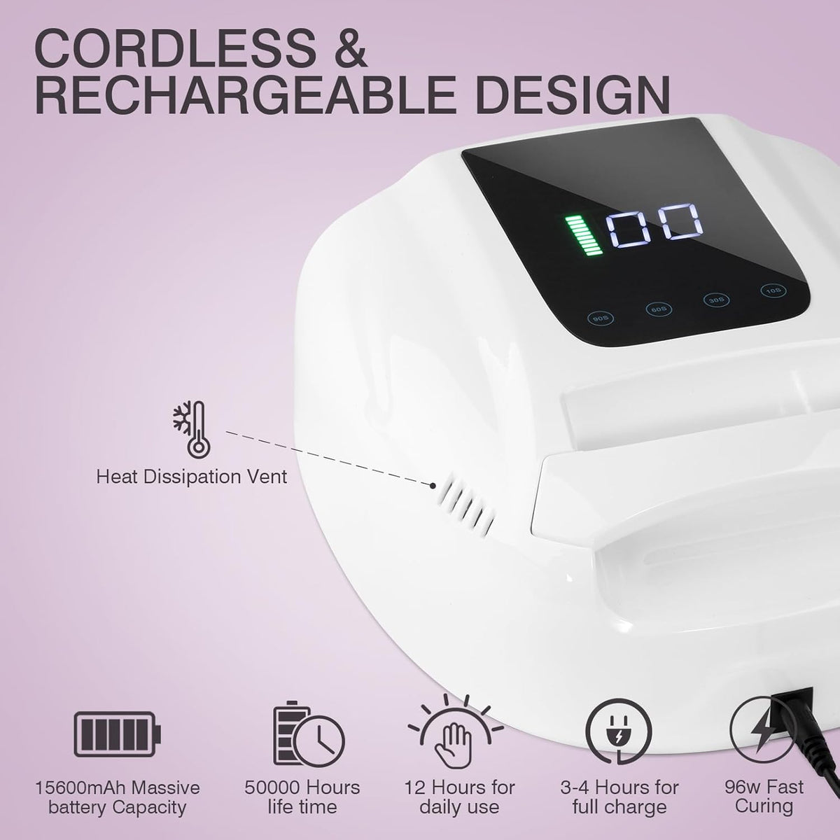 Rechargeable UV LED Nail Lamp, 96W Cordless Nail Dryer Wireless UV Gel Nail Polish Curing Light with 42 Beads LCD Smart Sensor 4 Timer Settings