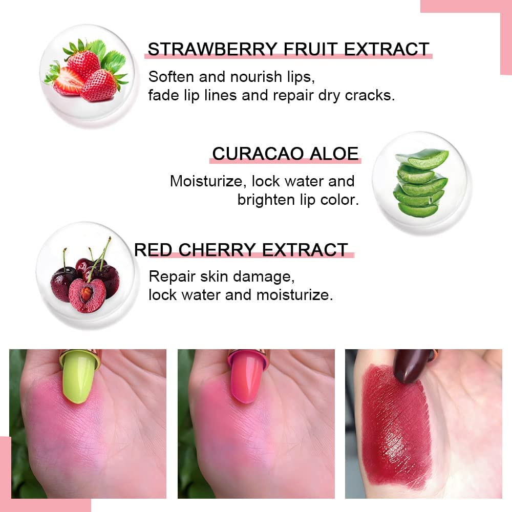 evpct 3Pcs Magic Color Changing Lipstick 24 Hours Original for Women Lasting Waterproof, Aloe Vera Strawberry Black Red Cherry PH Mood Permanent Hardpointing color changing Lipstick Tinted Lip balms