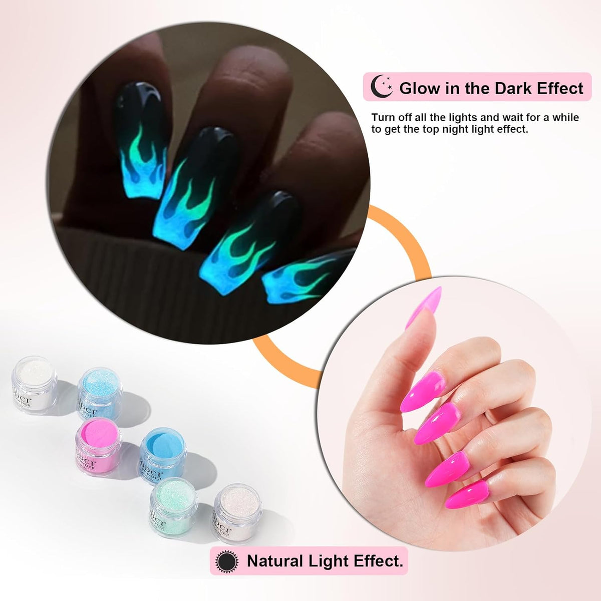 Glow in Dark Dip Powder Nail Set, 6 Colors 12 Pcs Dipping Powder Kit With Base & Top Coat/Activator/Brush Saver,Nail Art Dip Manicure Kits Odor-Free&Long-Lasting, No Needed Nail Lamp Curing