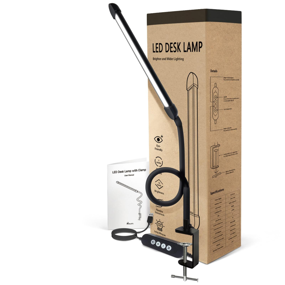 Phimuezl LED Desk Lamp with Clamp, Clamp Light with 30 Adjustable Color Modes, Clip on Light with Long Flexible Gooseneck, Eye Care Lamp Clamp for Study, Work, Home, Office, Black, 12W