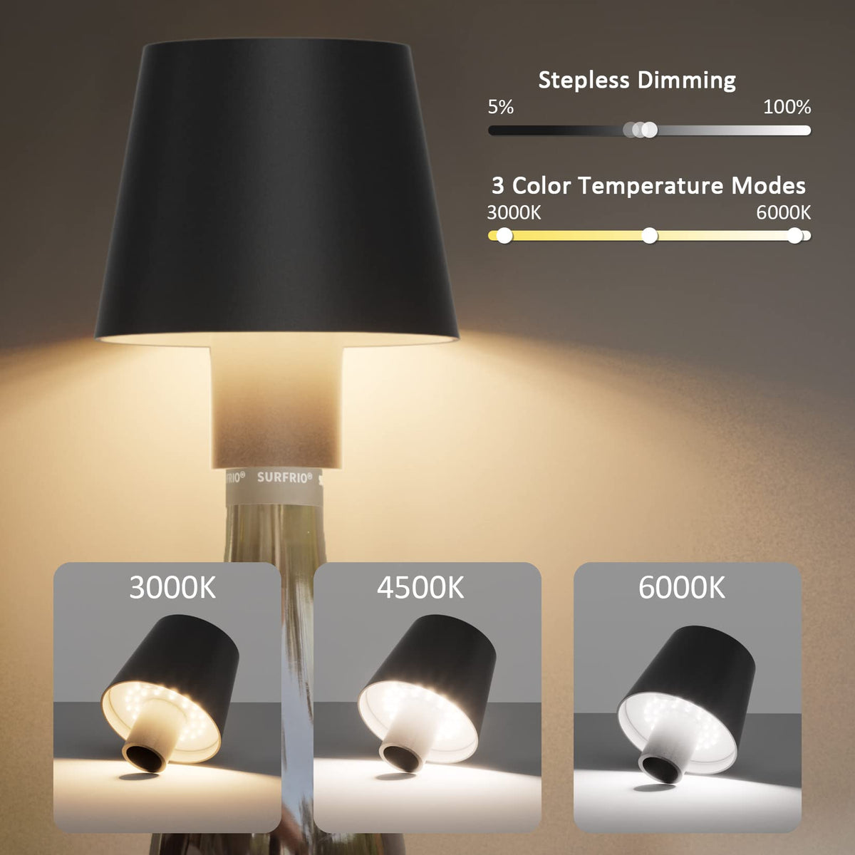 Coinmit 2 Pack LED Bottle Lamp 5500mAh Battery Portable Table Lamp Cordless IP54 Waterproof Wine Bottle Light for Outdoor Dining Bedroom Black