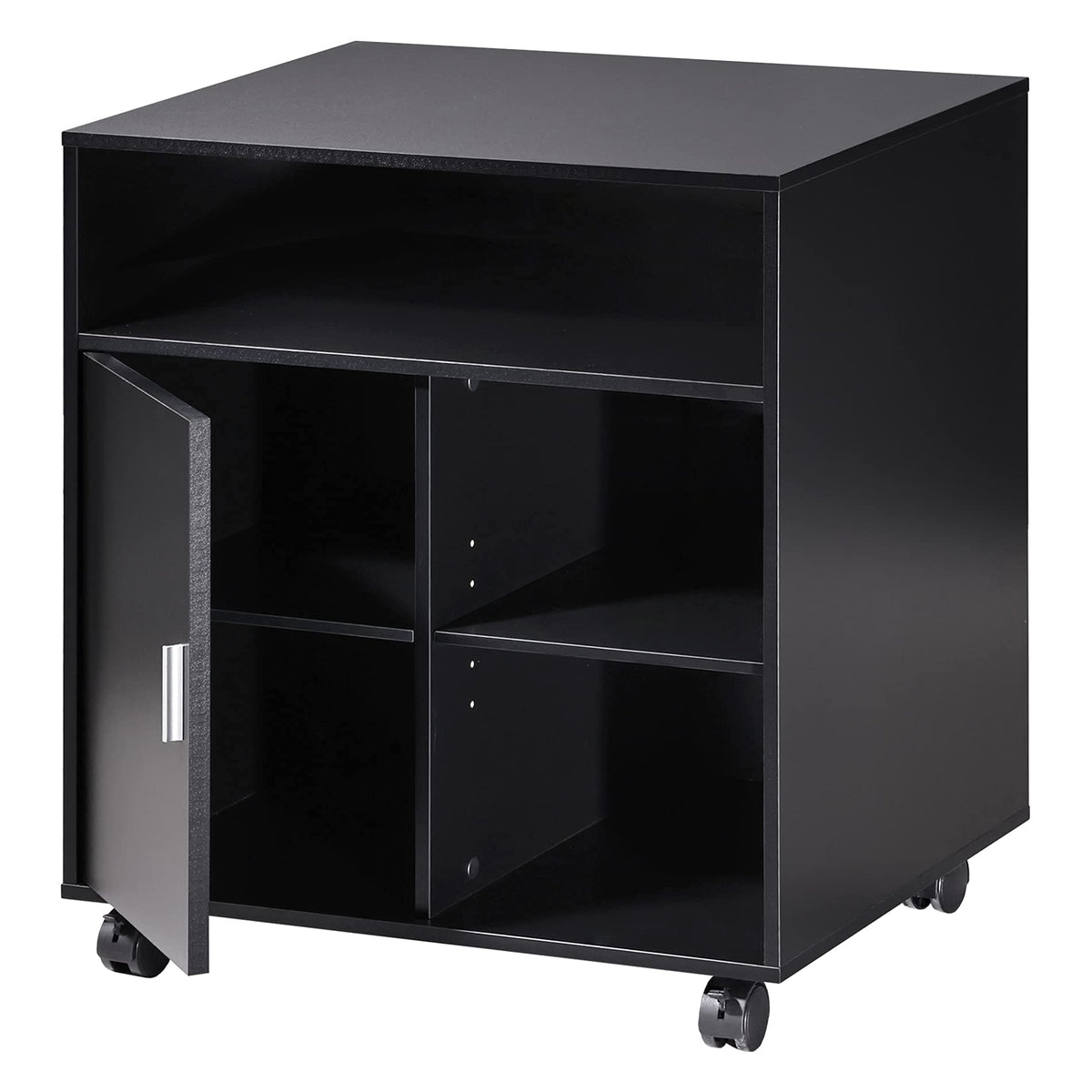 FITUEYES Printer Stand with Storage Adjustable Shelves, Wood Mobile Cart with Door, Rolling File Cabinet on Wheels for Home Office, Black, PS406001WB
