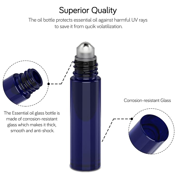 PrettyCare Roller Bottles For Oils 10 ml (Blue Glass, 60 Pack, 10 Extra Stainless Steel Balls, 72 Labels, 4 Opener, 4 Funnels Essential Oil Roller Bottles, Roller on Bottles