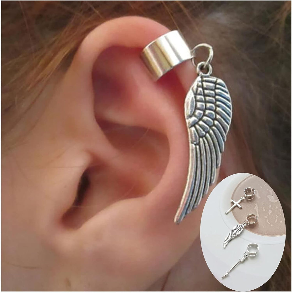Angel Wings Ear Cuffs 3Pcs Arrow Cross Ear Chain Helix Cartilage Clip Dangle Jewelry for Women Men…