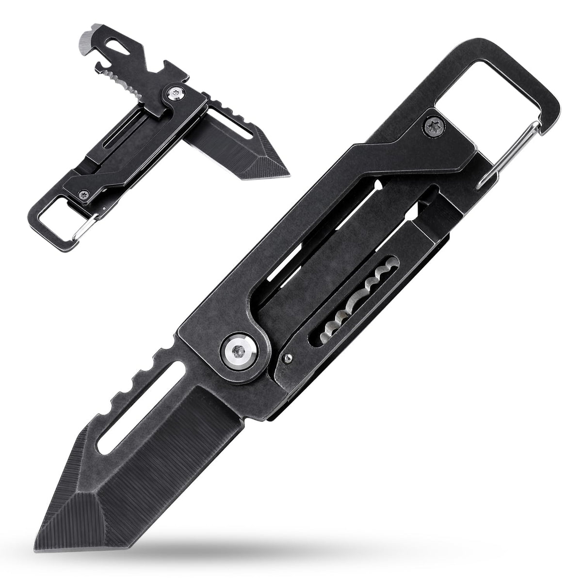 edcfans Keychain Knife, Carabiner Multitool, Tanto Pocket Knife with Key Clip, Box Cutter, Can/Bottle Opener, Screwdriver Wrench, Pry Tools, EDC Hiking Camping Gear, Gifts for Men Women Everyday Carry