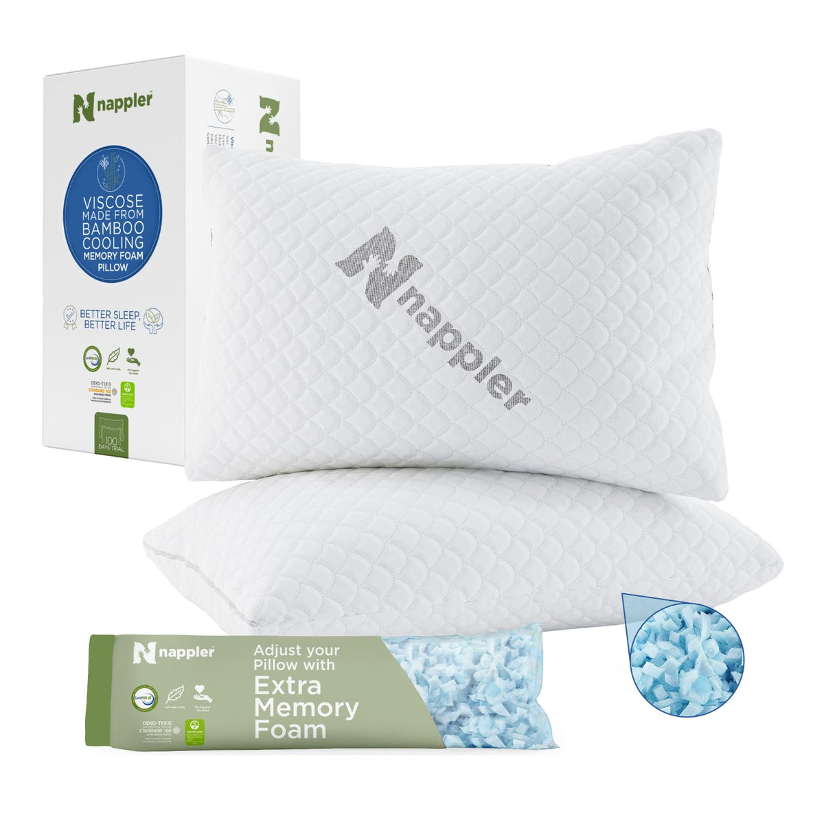 Nappler Cooling Pillow for hot Sleepers - Bed Pillows Queen Size Premium Set of 2 - Adjustable Shredded Memory Foam - Medium to Firm Pillows for Back, Stomach & Side Sleepers -Washable Cover