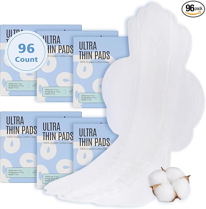 100% Large Organic Pads for Women, Ultra Thin Heavy Flow Sanitary Pads with Wings, Super Absorbency Feminine Pads Extra Coverage Period Pads, Unscented Cotton Pads Menstrual (Large, Size 4, 96ct)