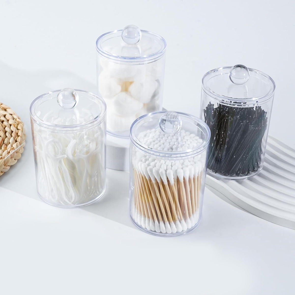 6 Pack Qtip Holder,Canister Apothecary Jar Set, Bathroom Jars with Lids Set for Cotton Swabs, Balls, Pads, Floss Picks,10oz-12oz Plastic Canisters Restroom Bedroom Vanity Organizer(Clear)