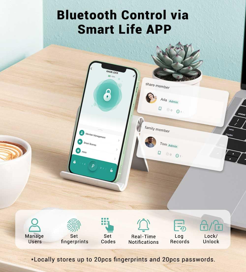 WREO Keypad Smart Door Knob Lock, Fingerprint Keyless Entry Door Lock with Handle for Front Door and Bedroom, Electrionic Biometric Code Door Knob with APP, Auto Lock for Home Office Apartment Garage