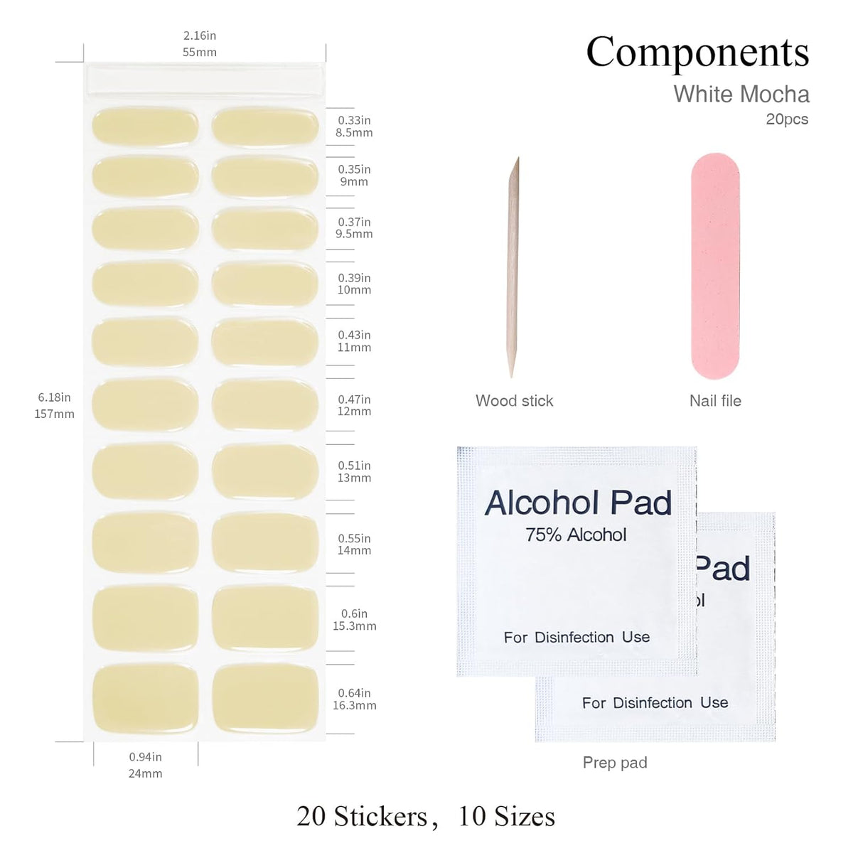 Semi Cured Gel Nail Strips, 20 PCS Gel Nail Stickers Work with UV Light, Salon Quality & Easy to Use - White Mocha