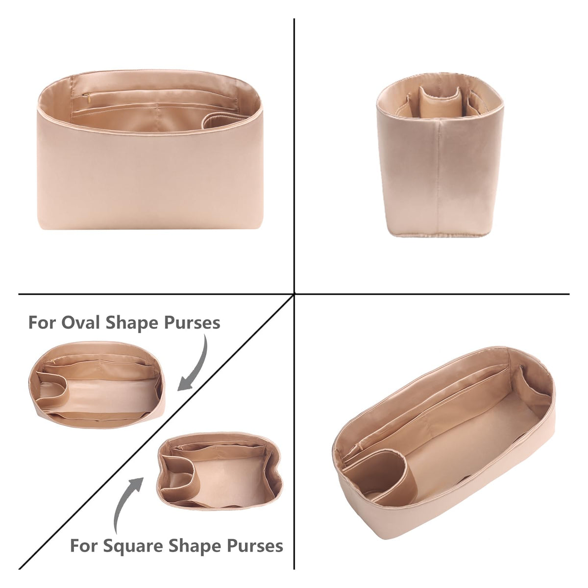 Ovignee Purse Organizer Insert For Handbags, Silk Purse Organizer with Zipper, Silky Smooth Bag Organizer, Luxury Handbag & Tote Shape, Beige