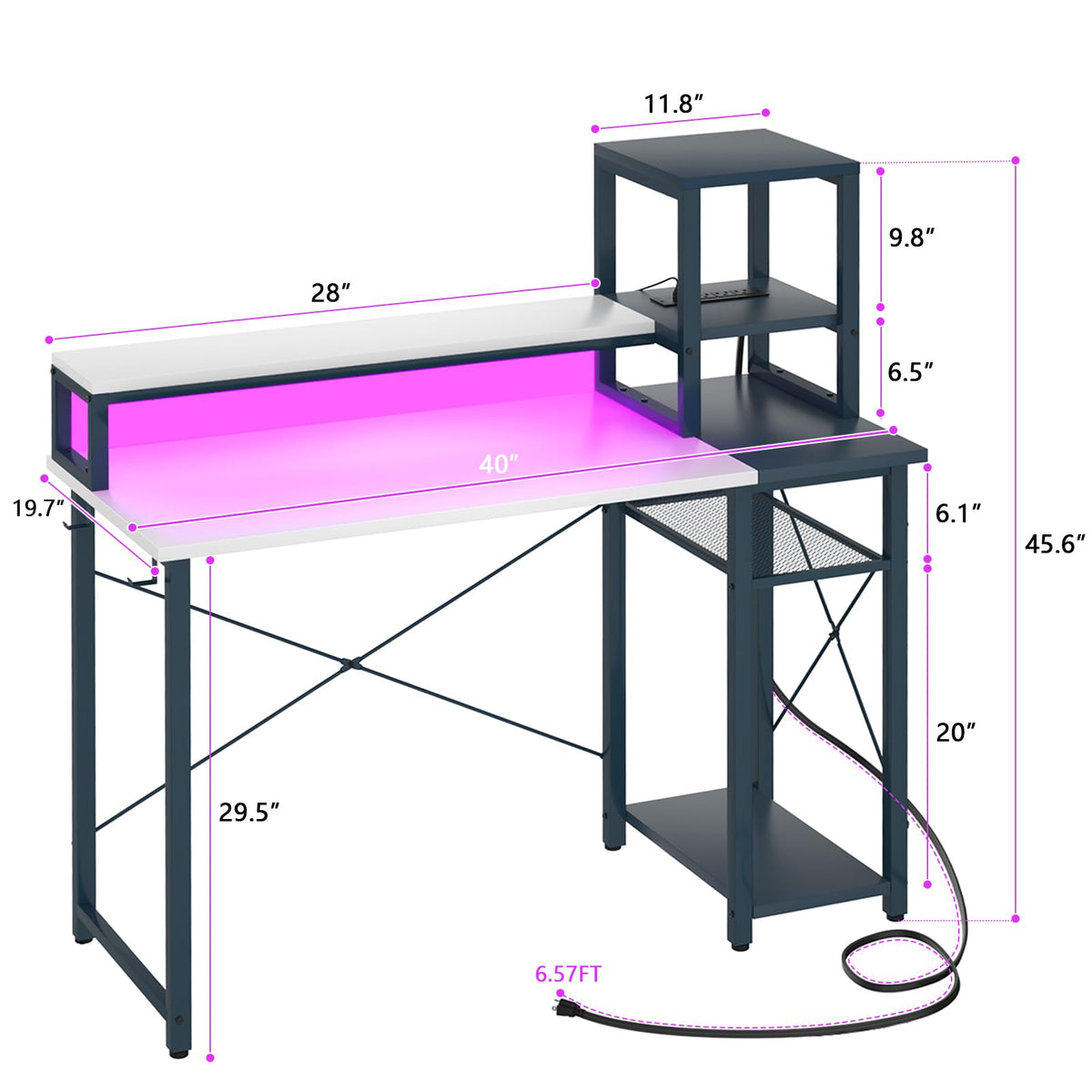armocity 2024 Upgrade Gaming Desk with LED Lights, Computer Desk with Long Monitor Stand, 40'' Reversible Laptop Table with Shelves, Small Desk for Small Spaces, Gaming Room, White and Blue