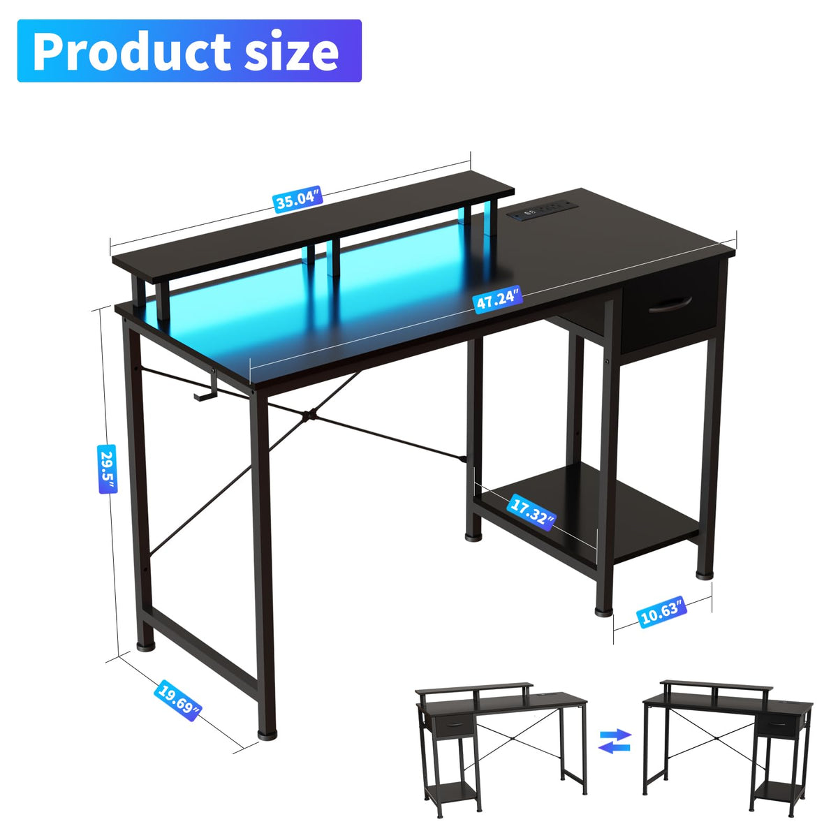 Lkeiyay 47 Inch Gaming Desk with LED Lights & Monitor Stand,Computer Desks with Storage Drawer and Power Outlet,Reversible Gamer Desk with Headphone Hooks and Shelves for Small Space Upgrade Black