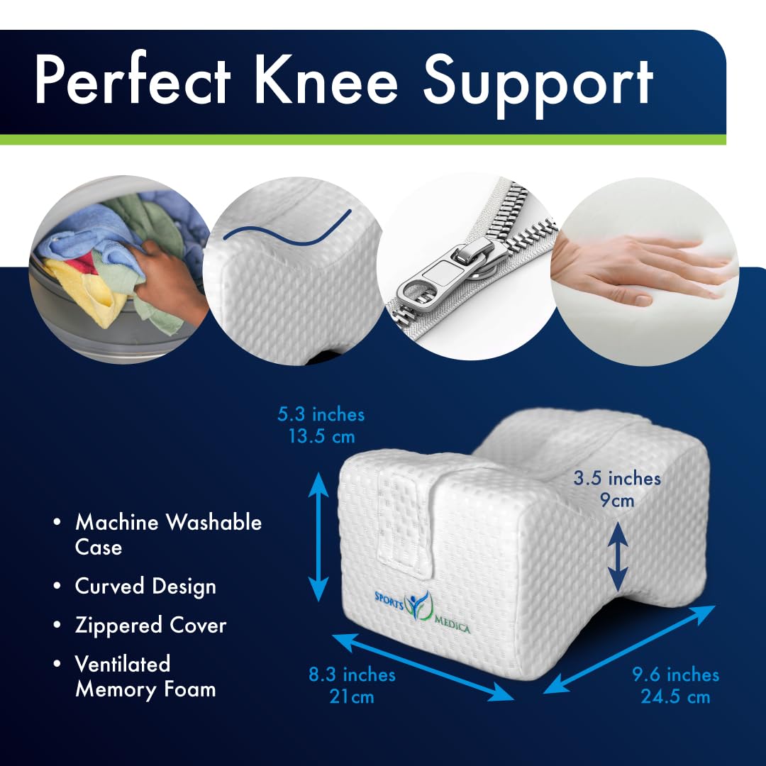 Sports Medica Doctor Developed Knee Pillow for Side Sleepers - Washable Cover Memory Foam Leg Pillow for Side Sleeping, Lower Back & Sciatica Pain Relief - Spine Alignment - Between Knee Hip Cushion